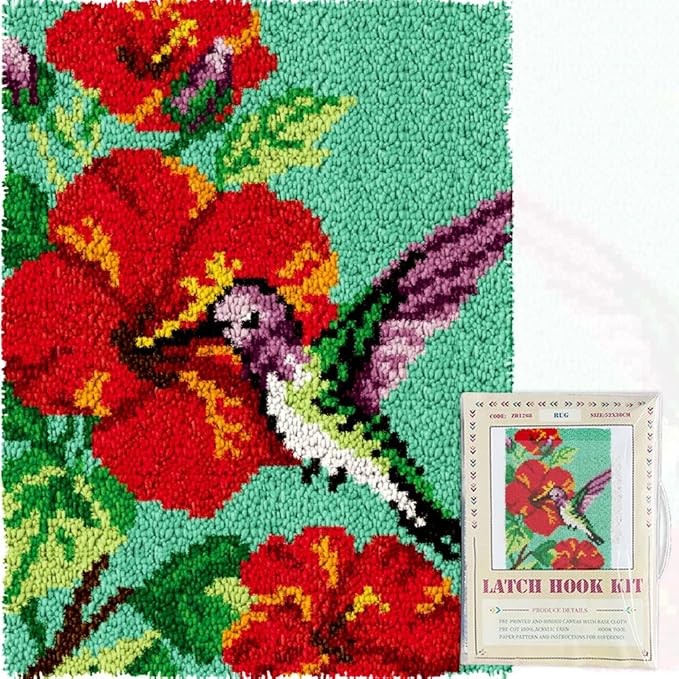 ORIGACH Hummingbird Latch Hook Rug Kit for Adults Printed Rug Making Kit Handmade Carpet Tapestry Cover with Hook Latch and Preprinted Canvas, Home Arts Crafts Sofa Decor, 20.5x15inch