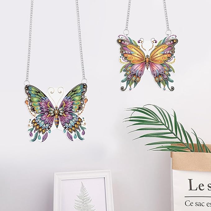 2 Pack Butterfly Diamond Painting Hanging Decorations – 5D DIY Special Shaped Diamond Art Wall Ornaments, Butterfly Design (15x13.7cm & 15x13.8cm), for Home Decor & Gifts