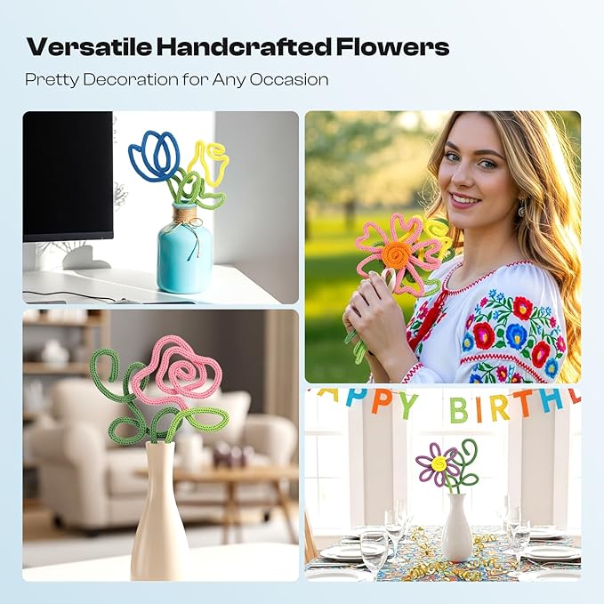 Caydo i Cord Flower Making Kit with 20 Flowers & 4 Leaves Templates, 10pcs Yarn and 82ft Craft Wire Kits for Beginner, DIY Florals Handicraft Making Kit, Learn to Knitting iCord with i Cord Maker Tool