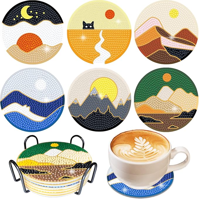 Vcekract Diamond Painting Coasters, 6 Pcs Abstract Landscape Diamond Painting Coasters with Holder, Diamond Art Kits for Adults
