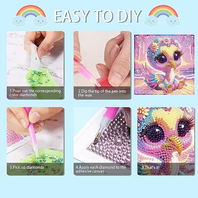 cdjlddww 4 Packs Cartoon Diamond Art Kits for Kid,5D Cute Animals Diamond Arts Mosaic Kits for Kid Beginner,DIY Full Round Drill Gem Art for Home Wall Decor Kids Present 6X6 inch(Without Frame)