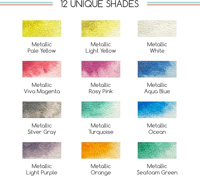 MEEDEN Metallic Watercolor Paint Set : 12 Colors Travel Watercolor Set with Brush in Half Pans - Portable Watercolor Paints for Adults & Artist