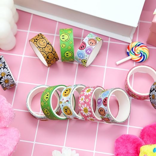 12 Rolls Smile Face Washi Tape Set, Cute Flower Decorative Tape, Colorful Cartoon Masking Tape for Journaling Supplies, Junk Journal, Scrapbooking, DIY Arts & Crafts Supplies