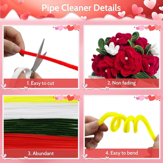 beanicus 600 PCS Valentine's Day Pipe Cleaners Craft, Pipe Cleaners Flowers Kit, Rose Flowers DIY Chenille Stems, Green and Red Pipe Cleaners, Valentines Day Rose Kit, Vday Decoration