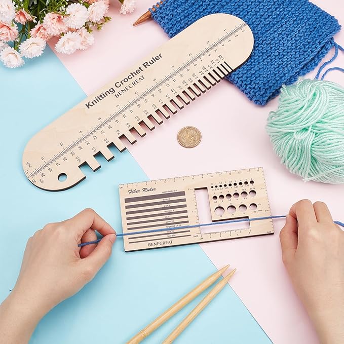 BENECREAT 2Pcs Wooden Sock Knitting Needle Gauge, Oval Rectangle Yarn Wrap Guide Board Wood Spinning Control Card Knitting Tool for Spinners Yarn Measuring Tools Crochet Accessories