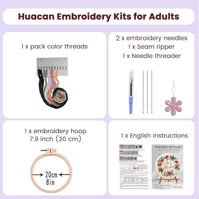 Huacan Embroidery Kits for Adults Beginner DIY Cross Stitch Stamped Christmas Pattern Stitching Wreath Sewing Kit 1 Piece 7.8 x 7.8 Inch