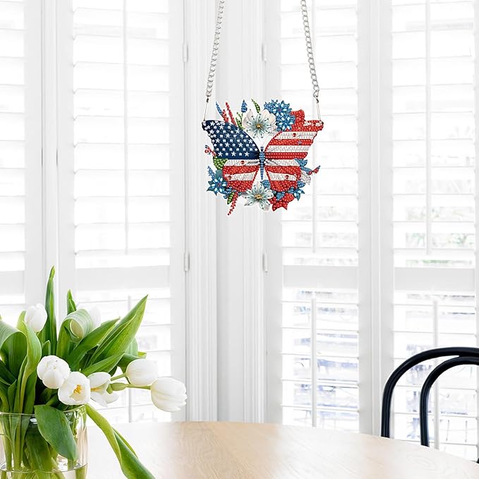 4th of July Diamond Painting Hanging Ornament Kit, Patriotic American Flag Butterfly Wreath DIY Diamond Art Acrylic Pendant, Diamond Painting Kit for Adults Independence Day Home Window Wall Decor