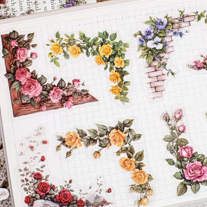 180pcs Courtyard Corner Flower Stickers for Scrapbooking Journaling Vintage Flowers Scrapbook Stickers Aesthetic Floral Sticker Pack Scrapbook Kit Junk Journal Supplies Self-Adhesive Decoupage Paper