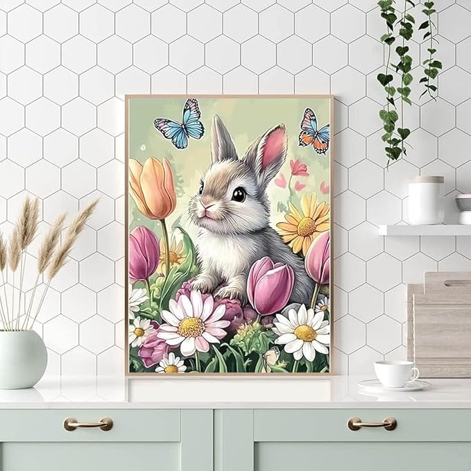 KTHOFCY 5D DIY Diamond Painting Kits for Adults, Rabbit Butterfly Flower Full Drill Embroidery Cross Stitch Crystal Rhinestone Paintings Pictures Arts Wall Decor Painting Dots Kits 11.8X15.7 inch