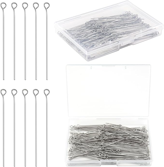 200 Pcs 50mm Straight Eye Pins for Craft Earring Bracelet Necklace Pendant DIY Jewelry Making, Platinum Color