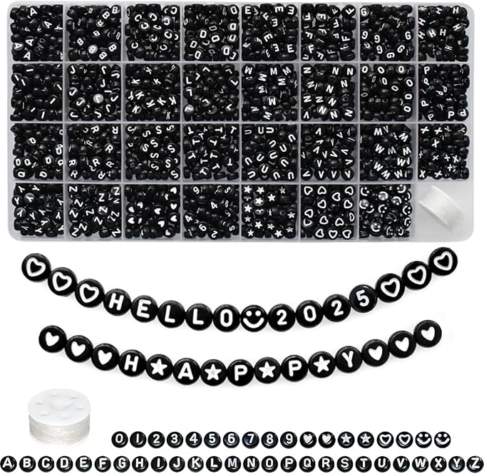 Amaney 1600pcs Black Letter Beads 4x7mm Round Acrylic Alphabet A-Z Number Star Smiley Beads and Heart Pattern for Jewelry Making