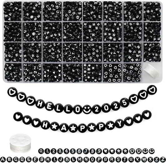 Amaney 1600pcs Black Letter Beads 4x7mm Round Acrylic Alphabet A-Z Number Star Smiley Beads and Heart Pattern for Jewelry Making