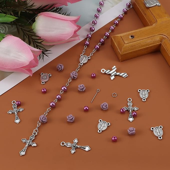 OEMOO 1410PCS Rosary Jewelry Making Kit Rosary Prayer Making Supplies Carved Rose Beads Cross Centerpiece Crucifix Medal, Silver Jesus Maria Pendant for Rosary Bracelet Necklace Jewelry (Purple)