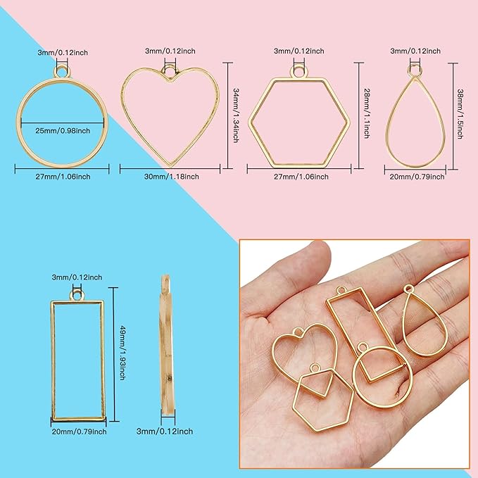 50pcs Open Bezels 5 Styles Hollow Frames Pendants Geometric Hollow Bezel Pendant Open Back Frame Pendant for Resin Casting, Necklace, Earrings, Pressed Flower, DIY Crafts(K Gold)