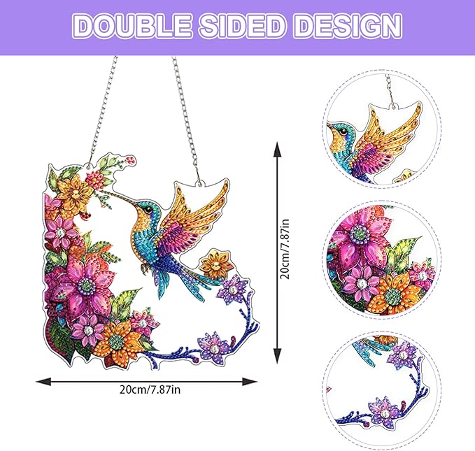 Lxmsja DIY Hummingbird Diamond Painting Hanging Ornament, Double-Sided Acrylic Colorful Flowers Diamond Art Kit, Special Shaped Suncatcher Hanging Pendant Window Art Kit 8x8 inch