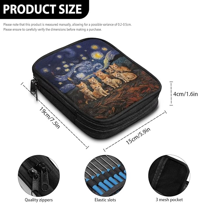 Hechitok Starry Night Cat Crochet Hook Case Without Hooks and Accessories Zipper Storage Organizer Bag with Web Pockets for Various Crochet Needles Accessories Crochet Hook Kit Tools