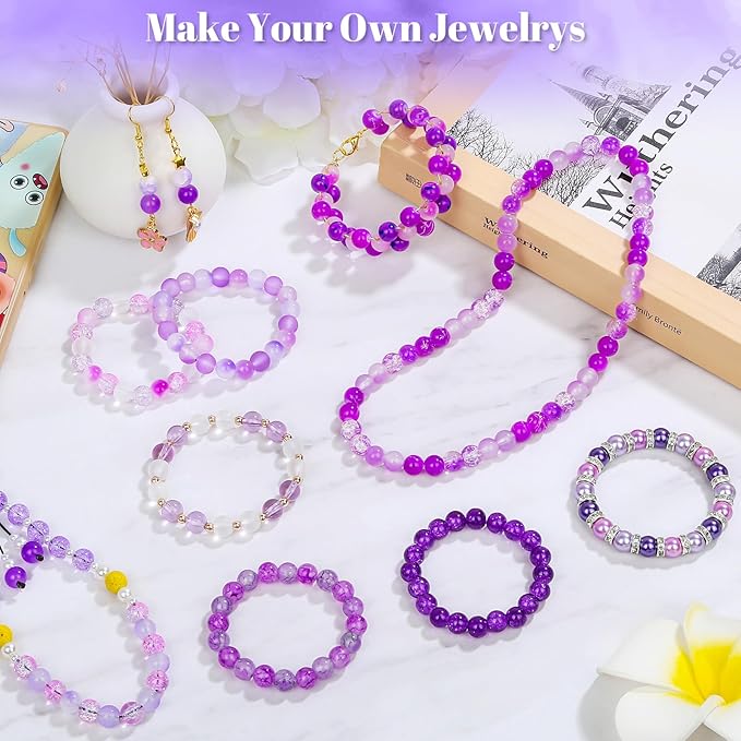 PAXCOO 720pcs Glass Beads for Jewelry Making 8mm, 24 Colors Bead Bracelet Making Kit Purple Round Loose Beads for Bracelet Earring Necklace Jewelry Making Supplies