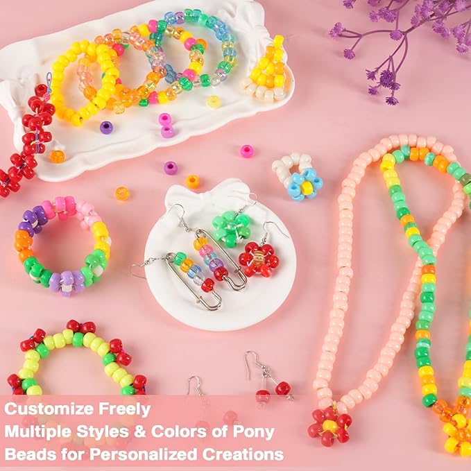 1000Pcs Pony Beads for Bracelets, Multi-Colored Plastic Pony Beads Bulk, 6×9mm Friendship Bead for Jewelry Making for DIY Hair Braiding Keychains Necklaces Crafts Party Supplies