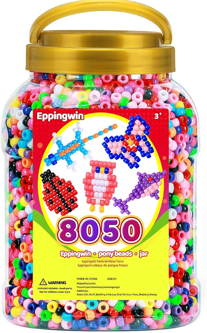 Eppingiwn 8050pcs Pony Beads, Multi-Colored Bracelet Beads for Hair Braids, Plastic Bead for Crafts (Jumbo Pack, Classic)