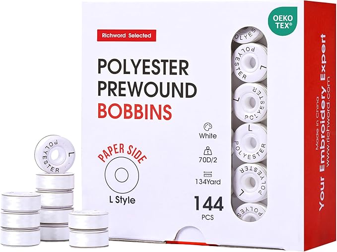 Poolin Prewound Bobbins, Richword Selected White Cardboard Sided 144pcs Size L(SA155), 70D/2(60WT) Polyester Bobbin Thread for Commercial Multi Needles Embroidery Machine, 120 Yards