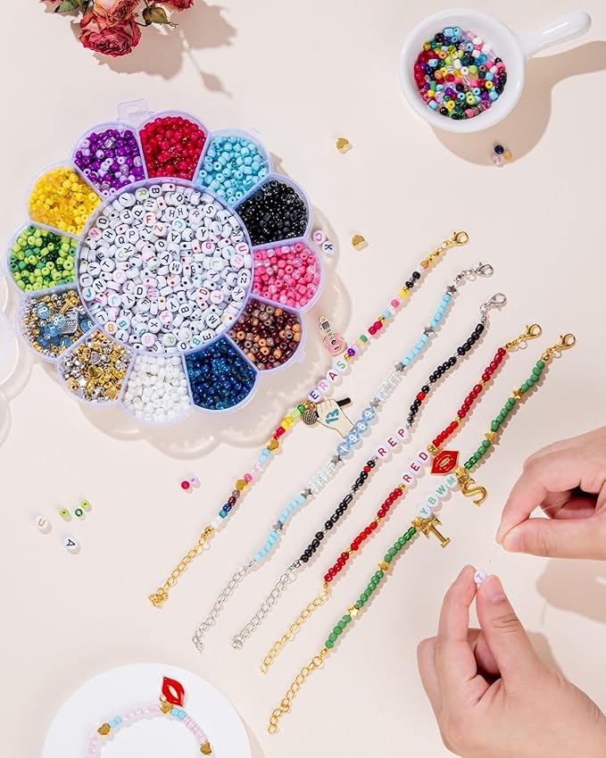 Goldwise Friendship Bracelet Kit for ERAS Tour, 30 Colors(Album Inspired) 4mm Glass Seed Beads for Jewelry Making, Letter Beads (A-Z) with Charms, 13" Tattoo Sticker, DIY Crafts for Gifts Birthday