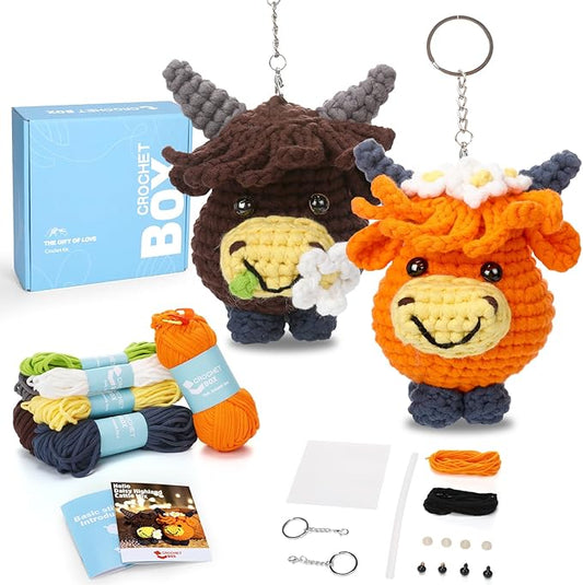 CrochetBox Crochet Kit for Beginners - 2 PCS Highland Cow Keychain Crochet Kit, Learn to Crochet, Include Easy Knitting Yarn, Step-by-Step Video Tutorial, Hook, Holiday Birthday Gift for Adults