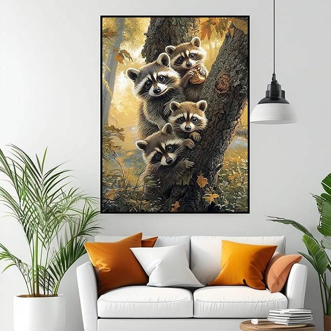 CHWGLFGG 5D Diamond Art Kits for Adults Beginners, Raccoon Diamond Painting Kits, DIY Full Round Drill Paint by Diamonds Dot Gem Art for Adults, Home Wall Decor 12x16 Inch