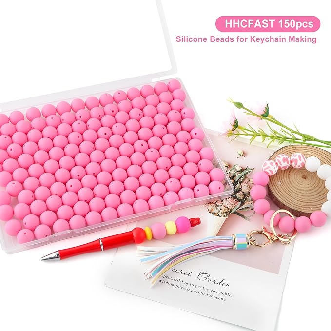 Silicone Beads, 150Pcs 15mm Round, Pink for Keychain Making, Bracelet Making, Necklace Making and Pens