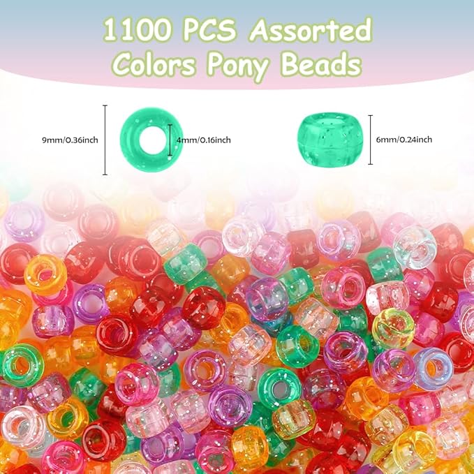 pony beads bulk 1100 pcs, beads for jewelry making, beads for bracelets making, hair beads, bracelet beads, plastic beads for crafts, hair beads for braids for girls(fine sparkle color)
