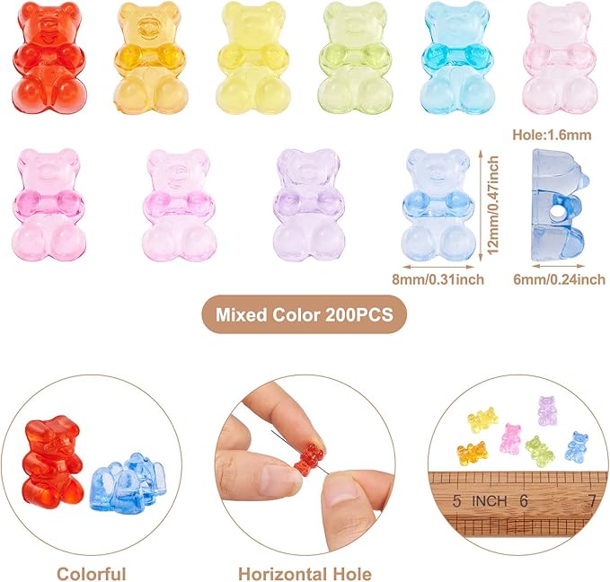 FASHEWELRY 200pcs Clear Acrylic Bear Beads Mixed Color Transparent Gummy Bear Spacer Beads Mini Cute Bears Loose Beads Bulk for Bracelet Necklace Earring Jewelry Making