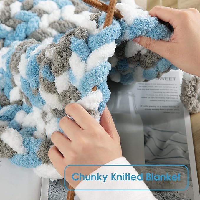 HOMBYS Chunky Tie Dye Mix Chenille Yarn for Hand Knitting, Super Bulky Jumbo Yarn for Crocheting, 3/4" Thick Soft Plush Yarn for Blankets, 8 Skein Pack (26 yds / 7.5 oz Each) Blue,Grey,White