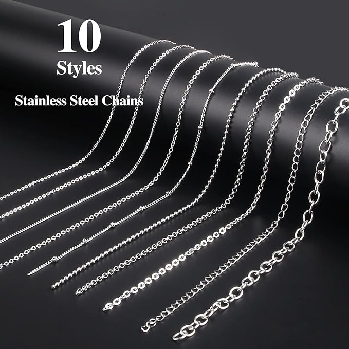 ecoofor necklace chains for jewelry making, 78.7 feet 10 rolls stainless steel jewelry chains for diy necklace bracelet jewelry making with stainless steel jump rings/lobster clasps/connectors