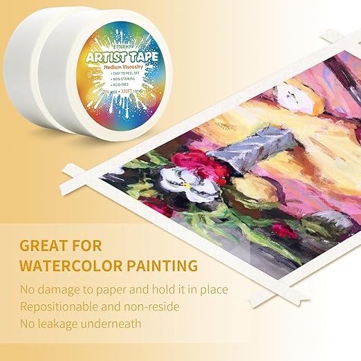 White Art Tape Medium Tack Artist Masking Tape Paper Acid Free Tape Watercolor Painters Tape Artists Tape for Drafting Art Watercolor Painting Canvas Framing, 2 inch Wide 330FT Long