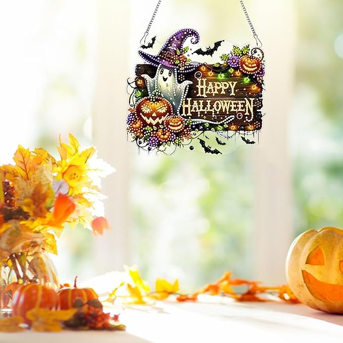 DIY Hanging Halloween Pendant Ornament Diamond Art Painting for Adults Beginners with Accessories Single Sided Dot-Drill Pendant for Home Wall Window Garden Decor (Ghost)