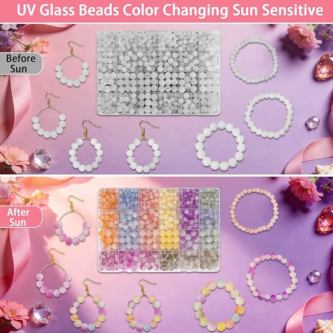 912 Pcs UV Color Changing Glass Beads Kit for Bracelet Making, 6mm 8mm 10mm Sunlight Sensitive Beads, DIY Jewelry Craft Supplies for Adult Women, Necklace Anklet Crafting Kit – Creative Gift Idea