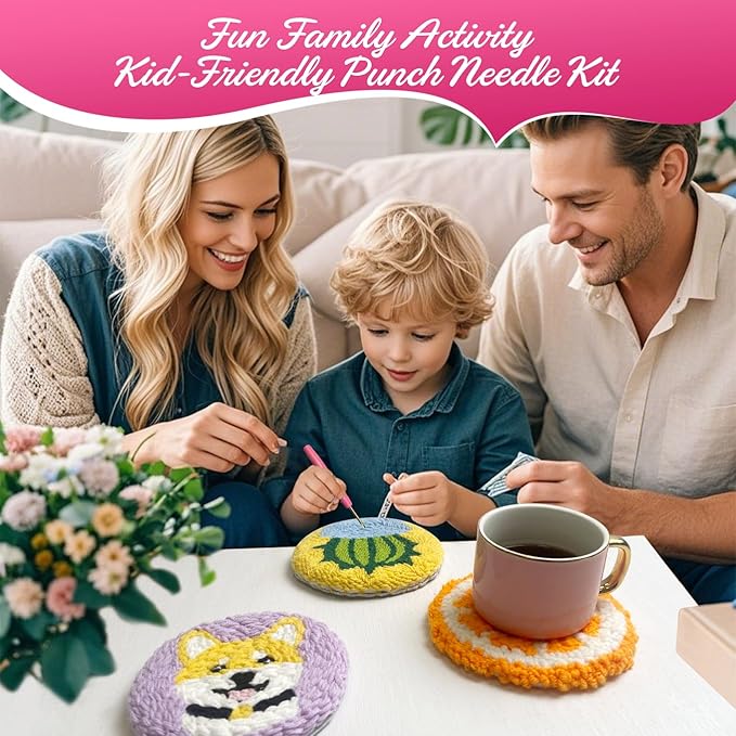 Punch Needle Coaster Kit for Adults Beginners, Easy Punch Embroidery Starter Set with Instructions – Fun Mug Rug Making Kit for Table Decor & Festival DIY Gifts (6pcs Cute Dogs)