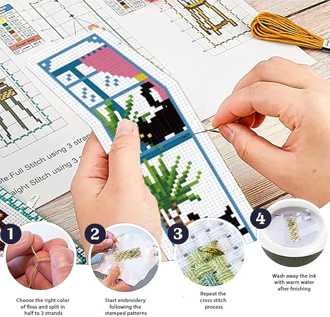 ACRNIGHEET 6PCS Cross Stitch Bookmark Kits Cute Cat and Plants Pattern Stamped Cross Stitch Kits for Beginners Adults DIY Stamped Embroidery Bookmarks with Instructions Hand Embroidery Craft Gift 11CT
