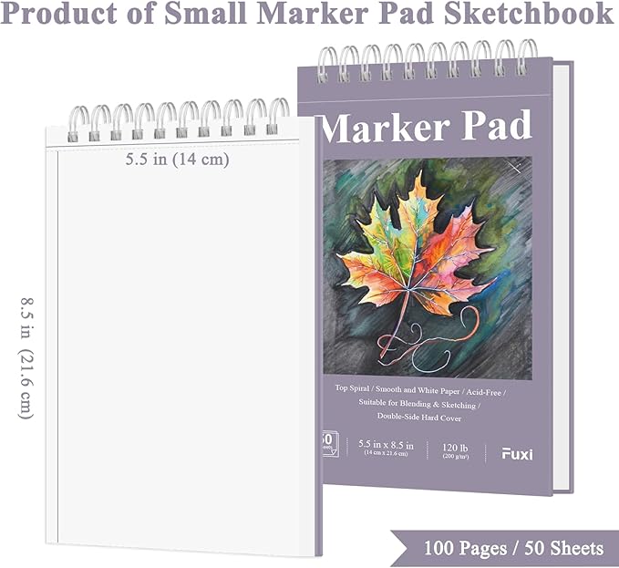 Fuxi Marker Paper Pad, 120lb/200gsm Art Paper of Markers, 2-Pack, 50 Sheets Per Pad (5.5" x 8.5").