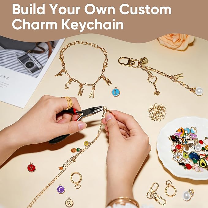 WDXIUE Keychain Making Kit, Charms Lip Gloss Key Chain Bracelet Design Set, Cute & Friendship Jewelry Making Kit, DIY Make 24 Set Keychain for Beginners