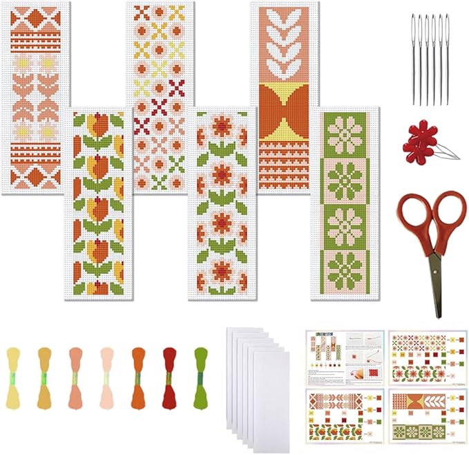 FREEBLOSS 6 Set Bohemian Cross Stitch Bookmark Kit, Geometric Pattern DIY Bookmarks Cross Stitch Kits for Beginners, Stamped Embroidery Bookmarks, Cross Stitch Kits for Adults