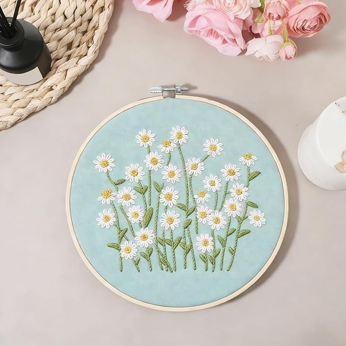 Zelphvt Embroidery Kits for Beginners Daisy Flower Beginner Cross Stitch Kits Embroidery Kit Flowers DIY Needlepoint with Floral Pattern Including Hoop Threads and Instruction
