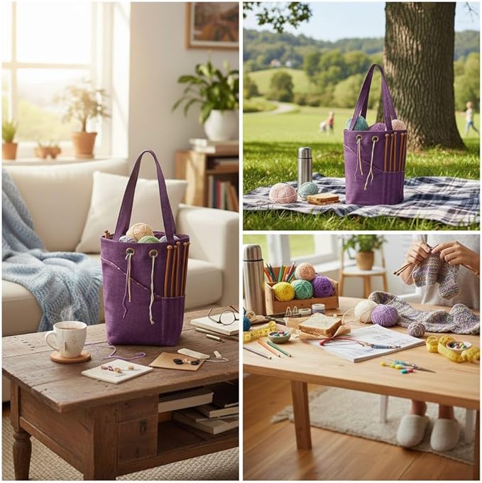 Linen Knitting Project Tote Bag,Portable Yarn Storage Bag for Crochet Accessories/Needles,Crochet Hooks Organizer,Knitting Bag for Crochet Lovers (Purple)