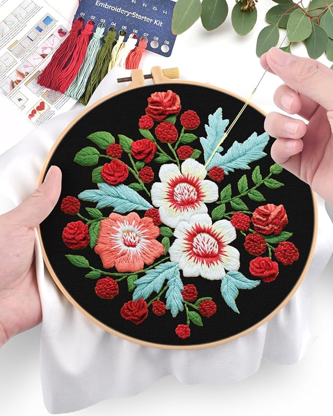 ERKOON Embroidery Kit for Beginners, Flower Cross Stitch Set for Include Embroidery Cloth Hoops Threads for Craft Lover Hand Stitch with Embroidery Skill Techniques (Dream Black Cloth)