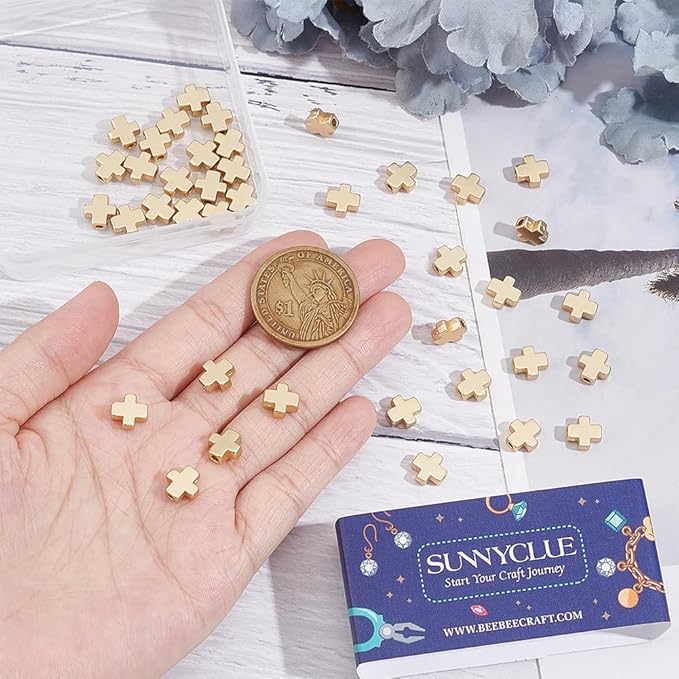 SUNNYCLUE 1 Box 50Pcs Cross Beads Real 18K Gold Plated Crosses Bulk Mini Small Golden Cross Bead Tiny Beaded Charm Easter Crucifix Loose Spacers for Jewelry Making Beading Kit DIY Craft
