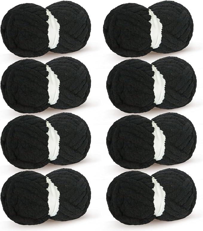 Black Chunky Chenille Yarn for Crocheting Bulky Thick Fluffy Yarn for Knitting,Super Bulky Hand Blanket, Soft Plush Yarn Crochet Carpet/Scarf/Cushion/ 8 Jumbo Pack(63.76oz/197.68yd