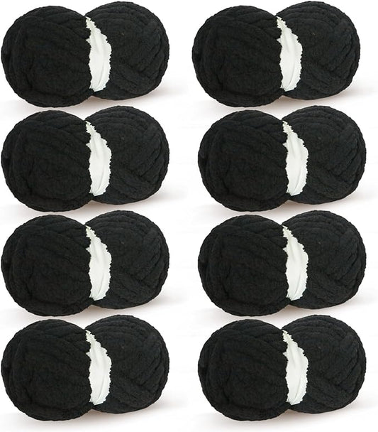 Black Chunky Chenille Yarn for Crocheting Bulky Thick Fluffy Yarn for Knitting,Super Bulky Hand Blanket, Soft Plush Yarn Crochet Carpet/Scarf/Cushion/ 8 Jumbo Pack(63.76oz/197.68yd
