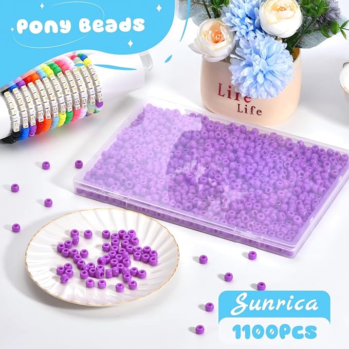 sunrica 1100pcs purple pony beads 6x9mm large hole plastic beads for kandi, hair braids, necklaces, friendship bracelets