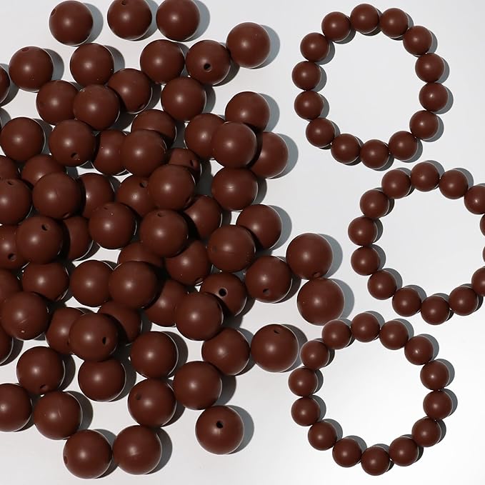 120pcs Richbunnys 15mm Bulk Silicone Beads for Pens and Keychain Making,Large Bead for Necklace and Bracelets Making,Assorted Rubber Beads Set for Crafts(Brown)
