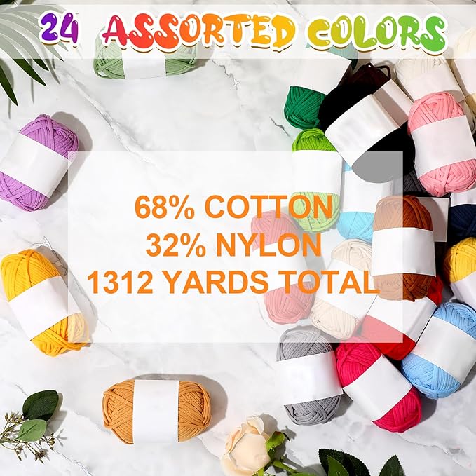 Timgle 24 Pcs Crochet Yarn for Beginners 2100 Yards Cotton for Crocheting and Knitting Soft 24x50g in Total Cotton Nylon Blend Easy Yarn for Knitting Crochet Crafts Project (24 Colors)