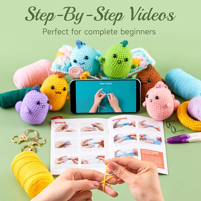 INSCRAFT Crochet Kit for Beginners, 6 Pack Dinosaurs Crochet Animal Kit,Starter Kit with Step-by-Step Video Tutorials, Learn to Crochet Kits for Adults, DIY Knitting Craft Supplies Gift